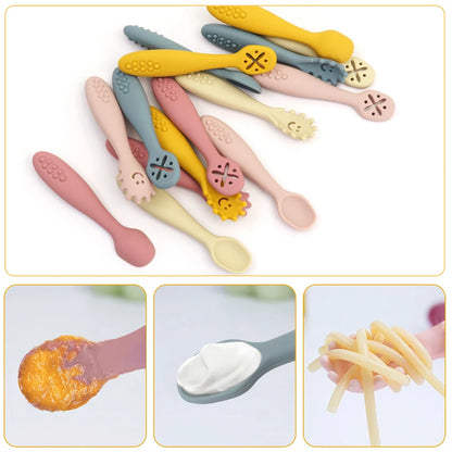 Set of colorful baby spoons with different designs on a white background.