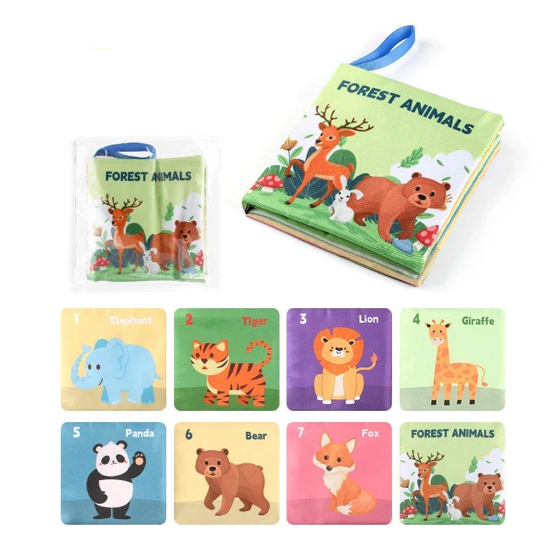 Children's book and flashcards set with forest animals on a white background