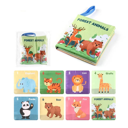Children's book and flashcards set with forest animals on a white background