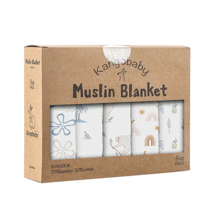 Kangobaby Muslin Blanket packaging with five white blankets featuring various designs on a brown cardboard box.