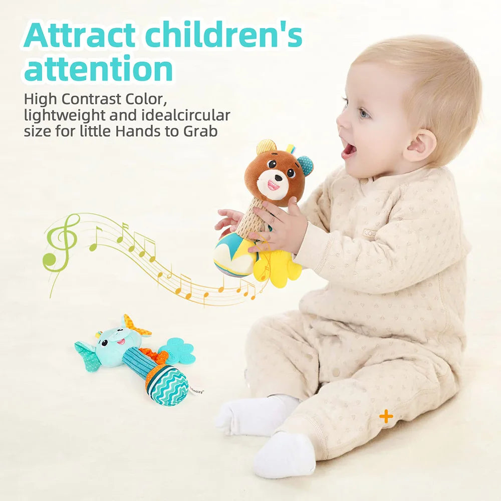 Baby Soft Stuffed Animal Rattle — Musical Crinkle Squeaky Sensory Toy | Hand Grip Shaker for Babies 0–24 Months