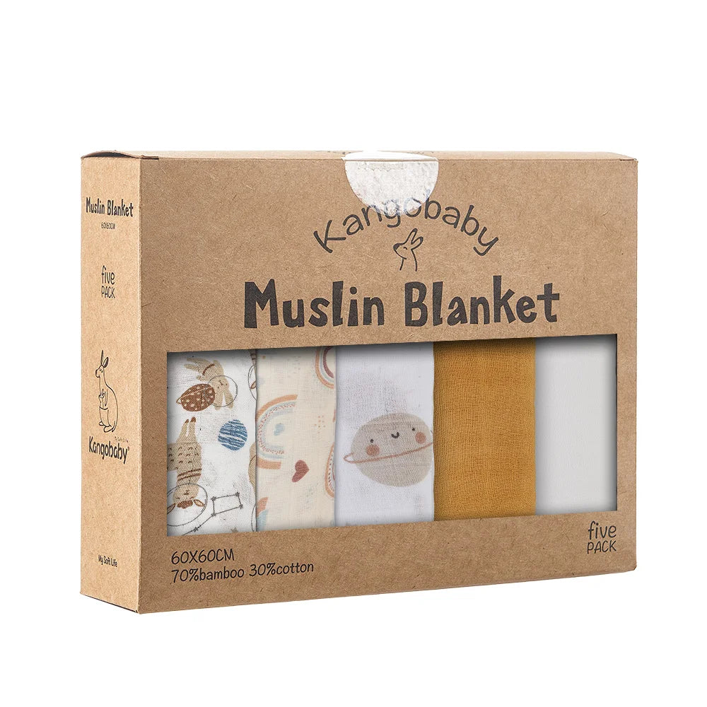 Kangobaby Muslin Blanket packaging with four blankets inside on a white background