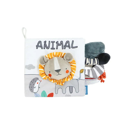 Children's soft book with animal illustrations on a white background