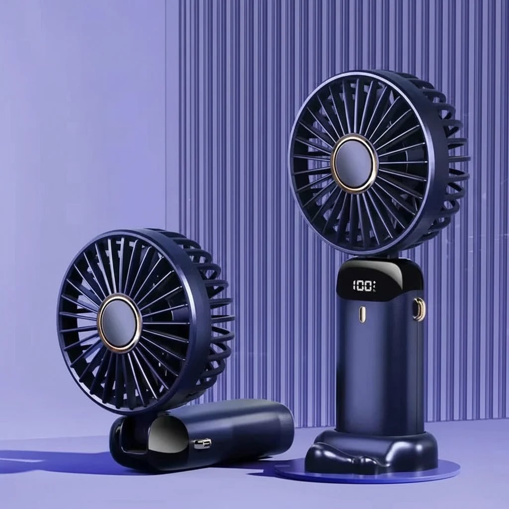 Dark blue rechargeable fan on a matching background