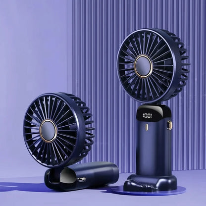 Dark blue rechargeable fan on a matching background