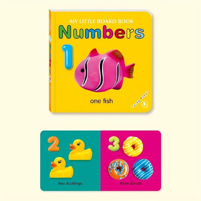 Children's book titled 'My Little Board Book Numbers' with a colorful cover and smaller educational card.