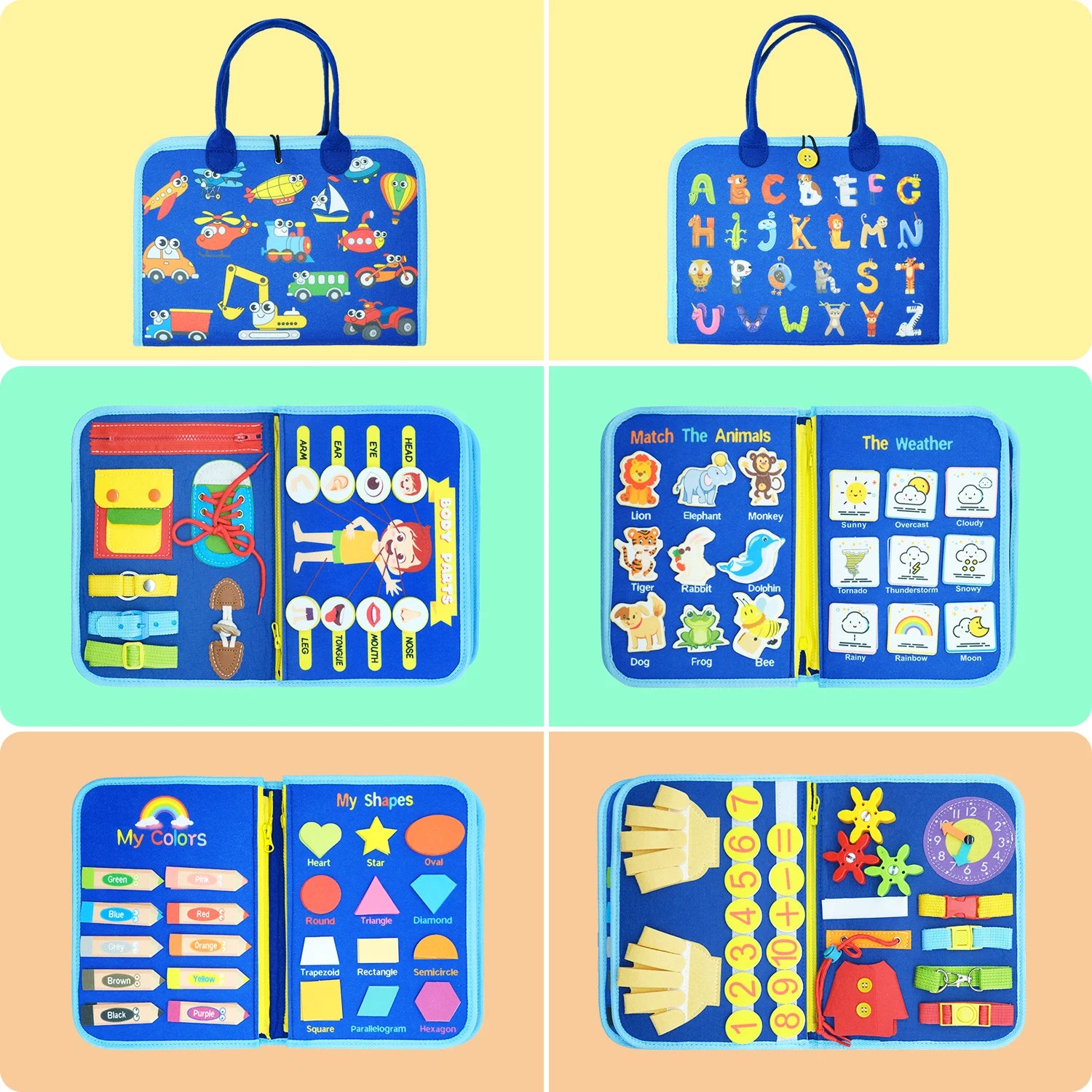 Set of educational children's books with colorful illustrations on a yellow, blue, and orange background.