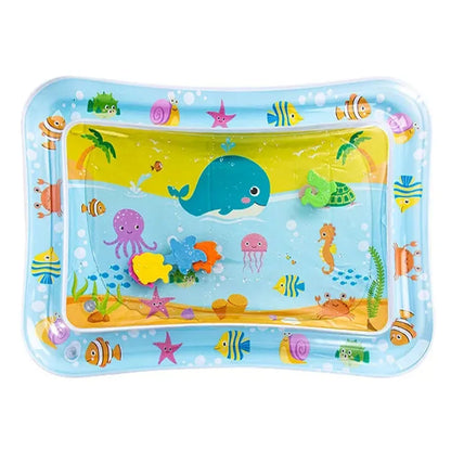 Inflatable water mat with ocean-themed design on a white background