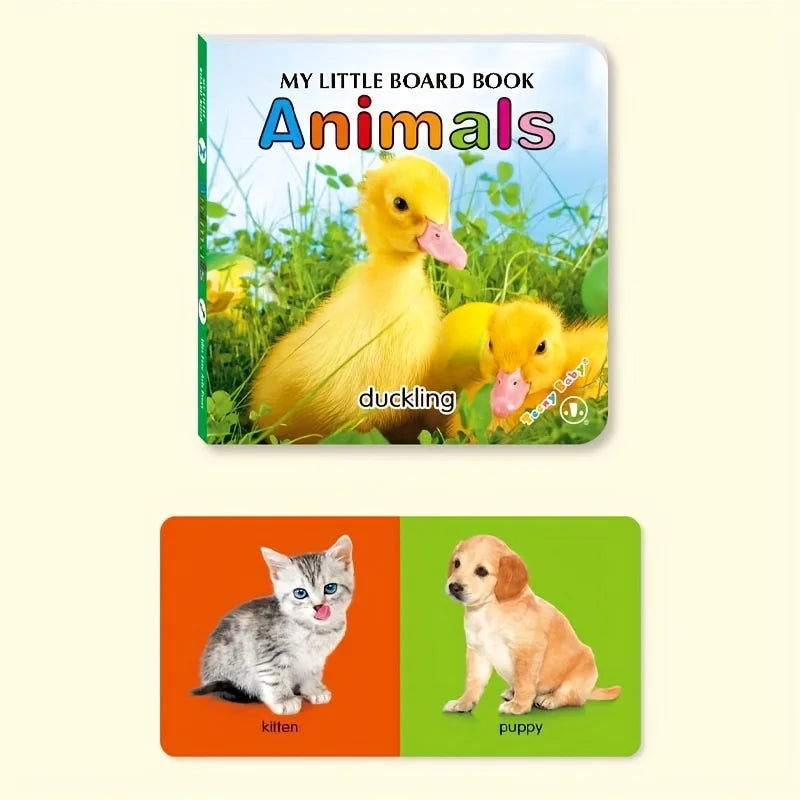 Children's board book titled 'My Little Board Book Animals' with images of a duckling, kitten, and puppy on a beige background.