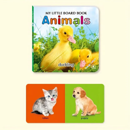 Children's board book titled 'My Little Board Book Animals' with images of a duckling, kitten, and puppy on a beige background.
