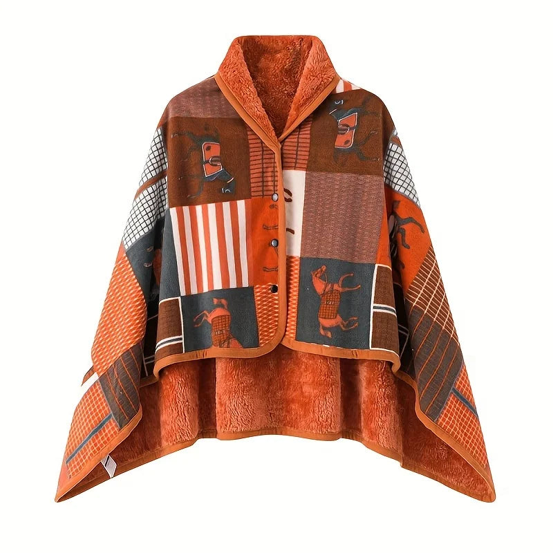 Patchwork jacket with orange and brown patterns on a white background
