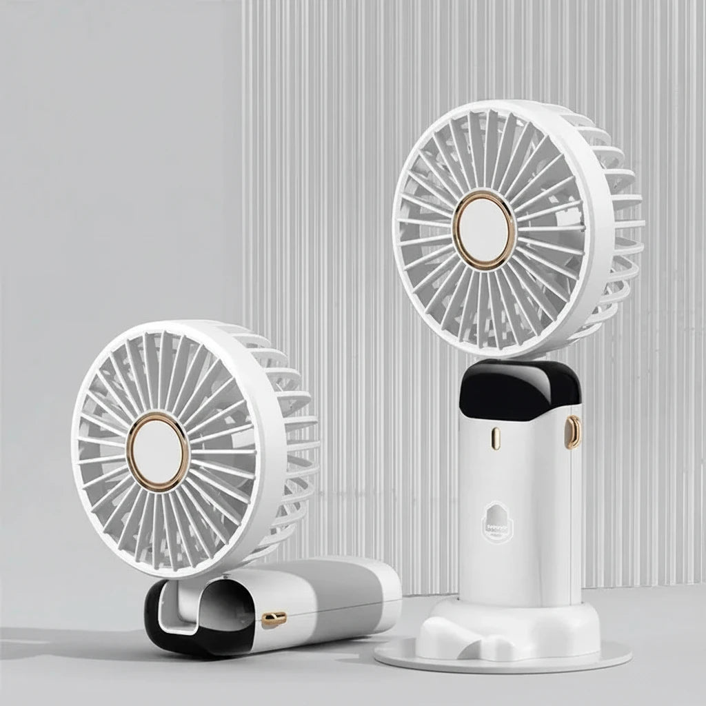 Rechargeable fan with digital display on a gray background