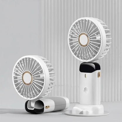 Rechargeable fan with digital display on a gray background