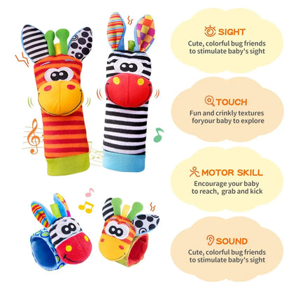4-Piece Baby Rattle Socks & Wrist Strap Set — Animal Foot Socks & Bug Wrist Rattles for Babies 0–12 Months