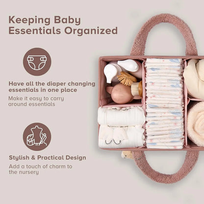 Plush Sherpa Baby Diaper Caddy Organizer with Teddy Bear Charm – Nursery Changing Table Storage
