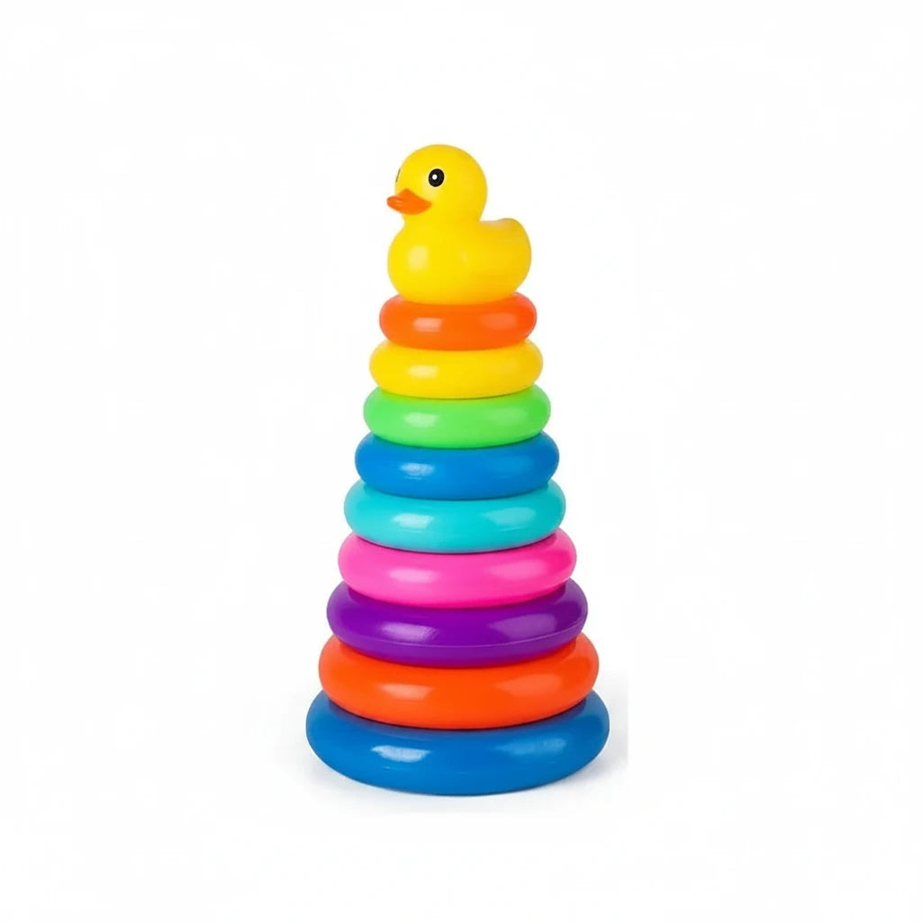 Colorful stacking rings toy with a duck on top, labeled '9th Floor' and dimensions.