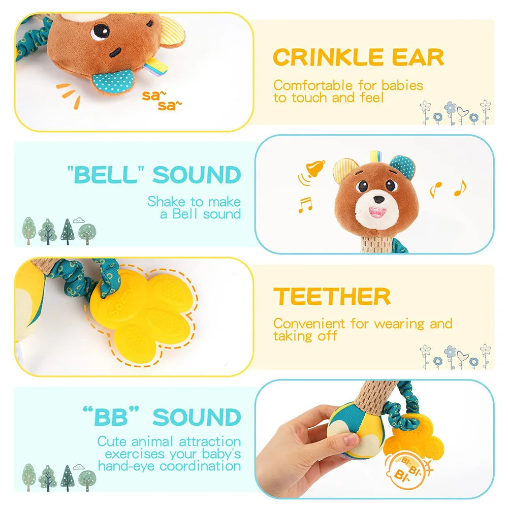 Baby Soft Stuffed Animal Rattle — Musical Crinkle Squeaky Sensory Toy | Hand Grip Shaker for Babies 0–24 Months
