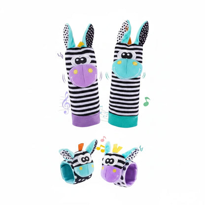 Pair of striped baby socks with colorful bug designs and text describing features.
