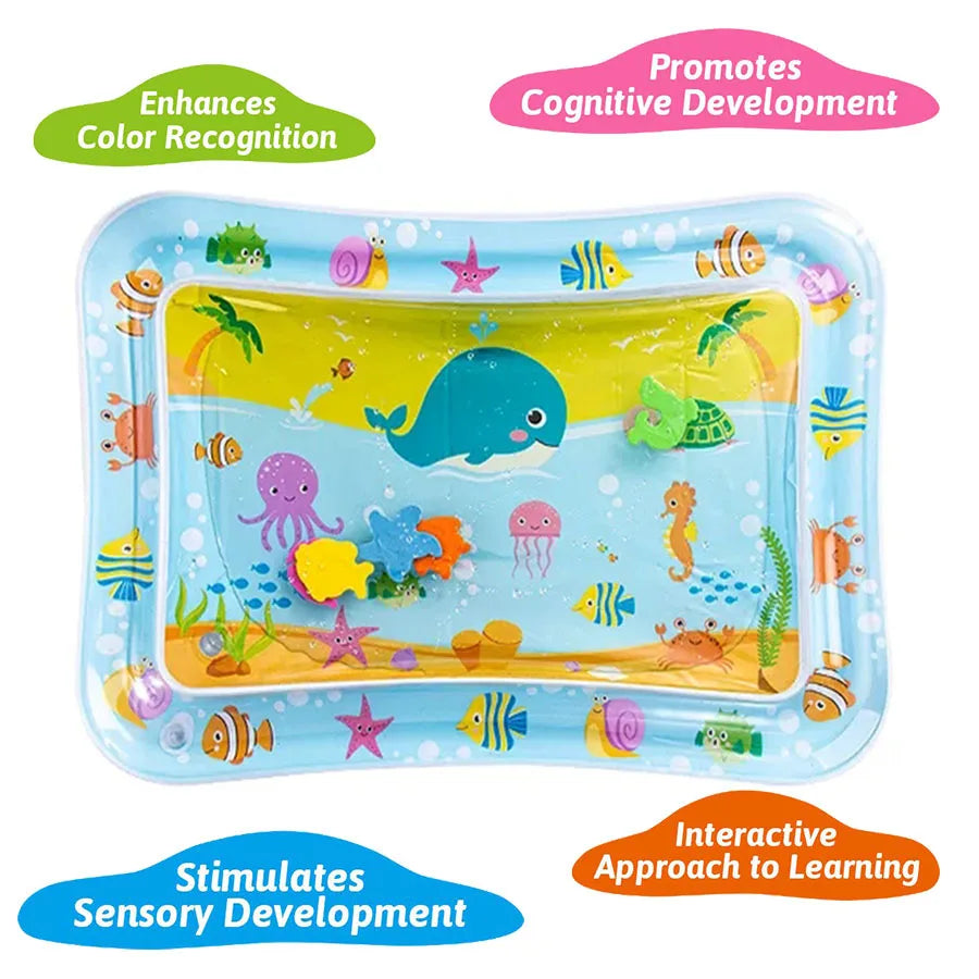 Inflatable play mat with ocean-themed design and text highlighting developmental benefits.