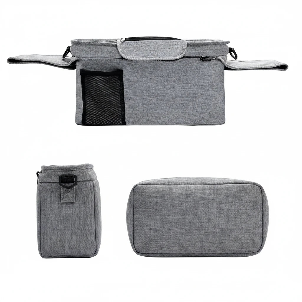 Gray bag with dimensions displayed on a white background