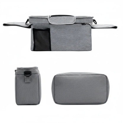 Gray bag with dimensions displayed on a white background