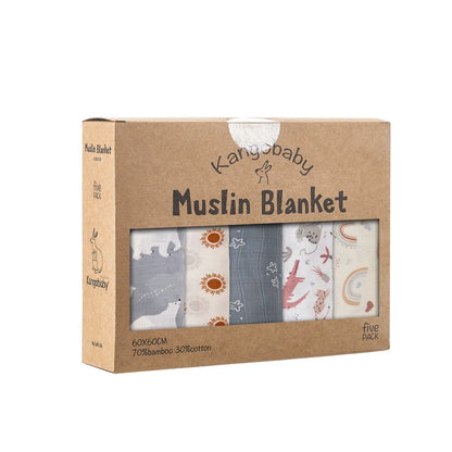 Kangobaby Muslin Blanket packaging with five different patterns on a white background