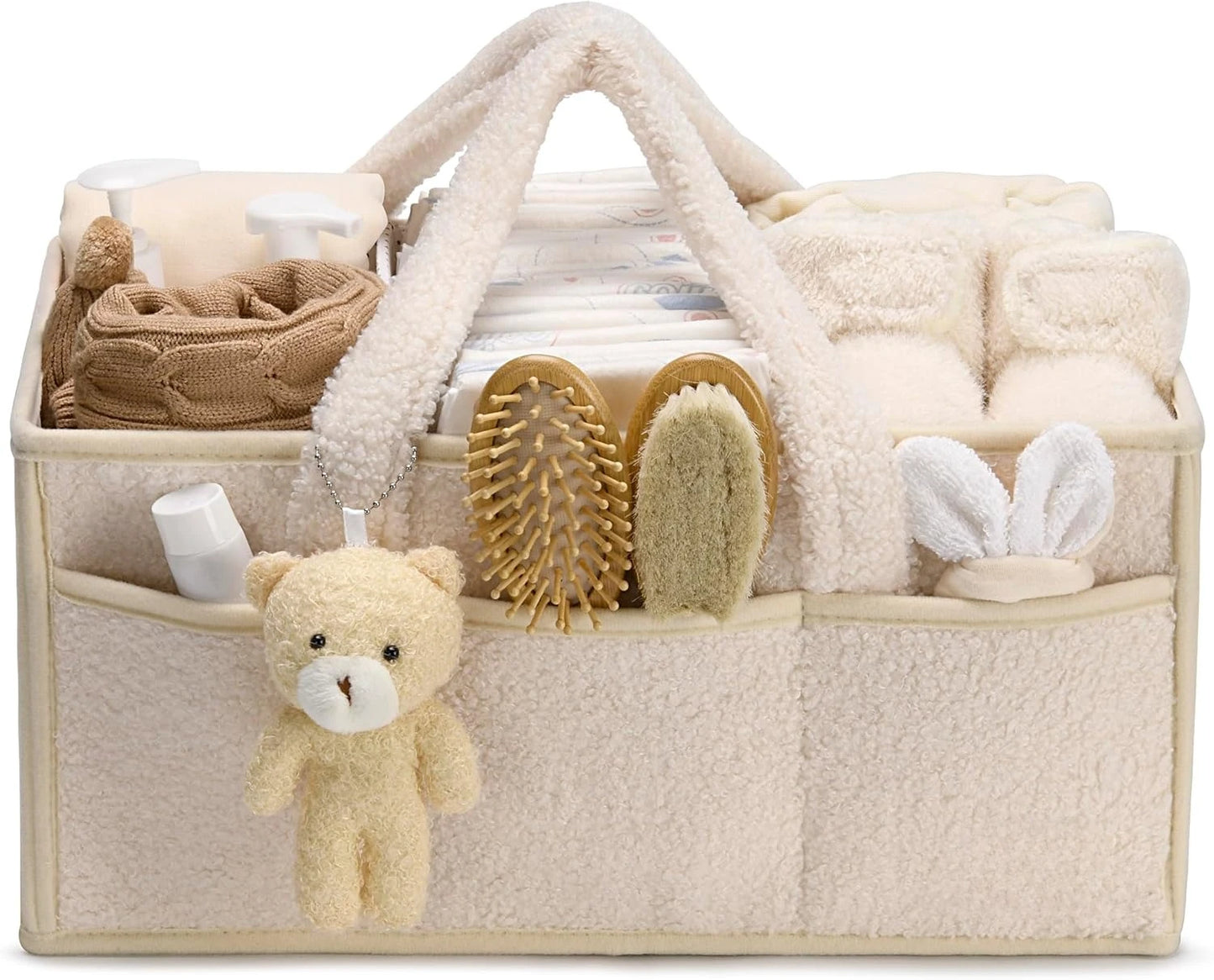 Beige baby organizer with teddy bear, brush, and other items on a white background