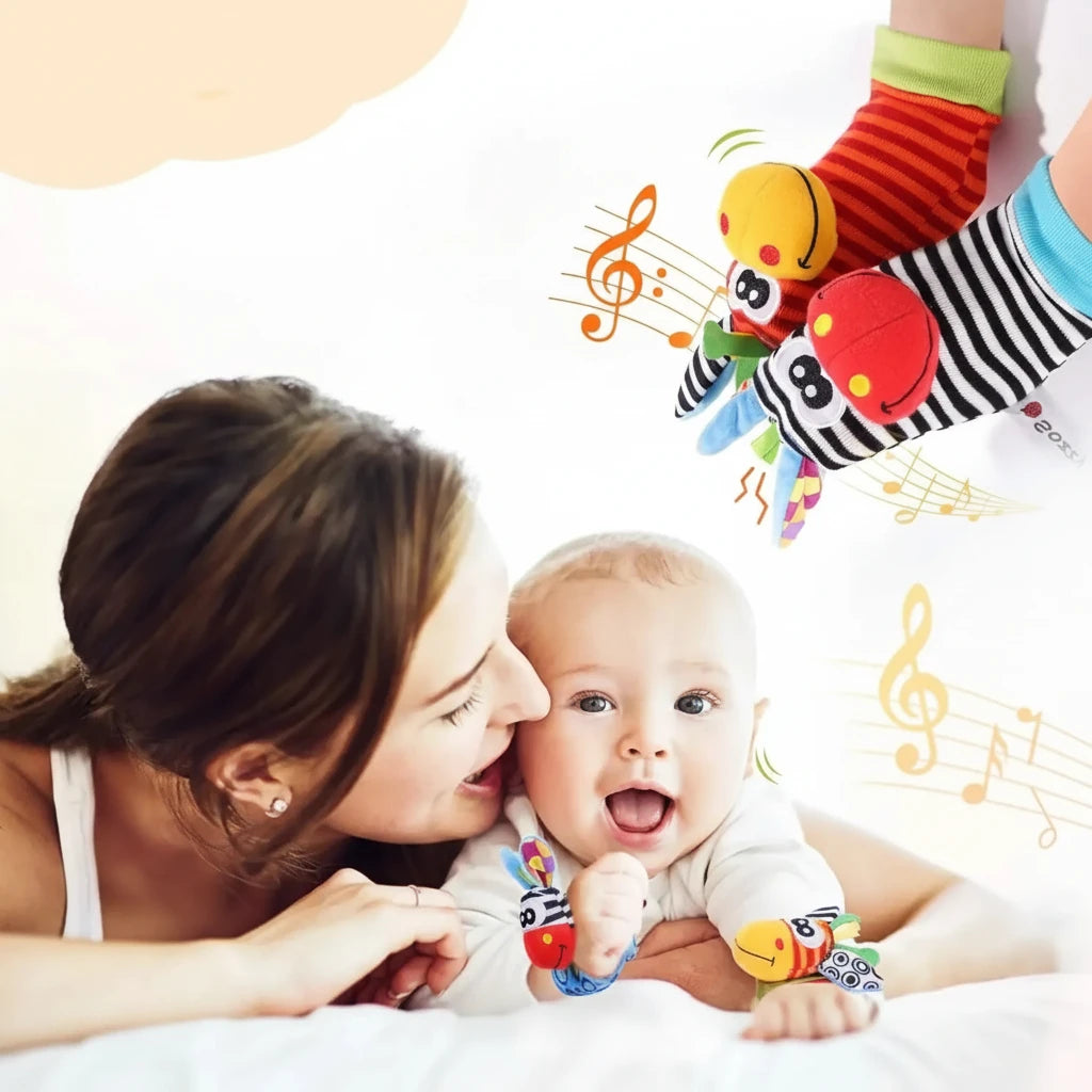 Baby with colorful wrist rattles and a woman holding the baby, with text about the product.