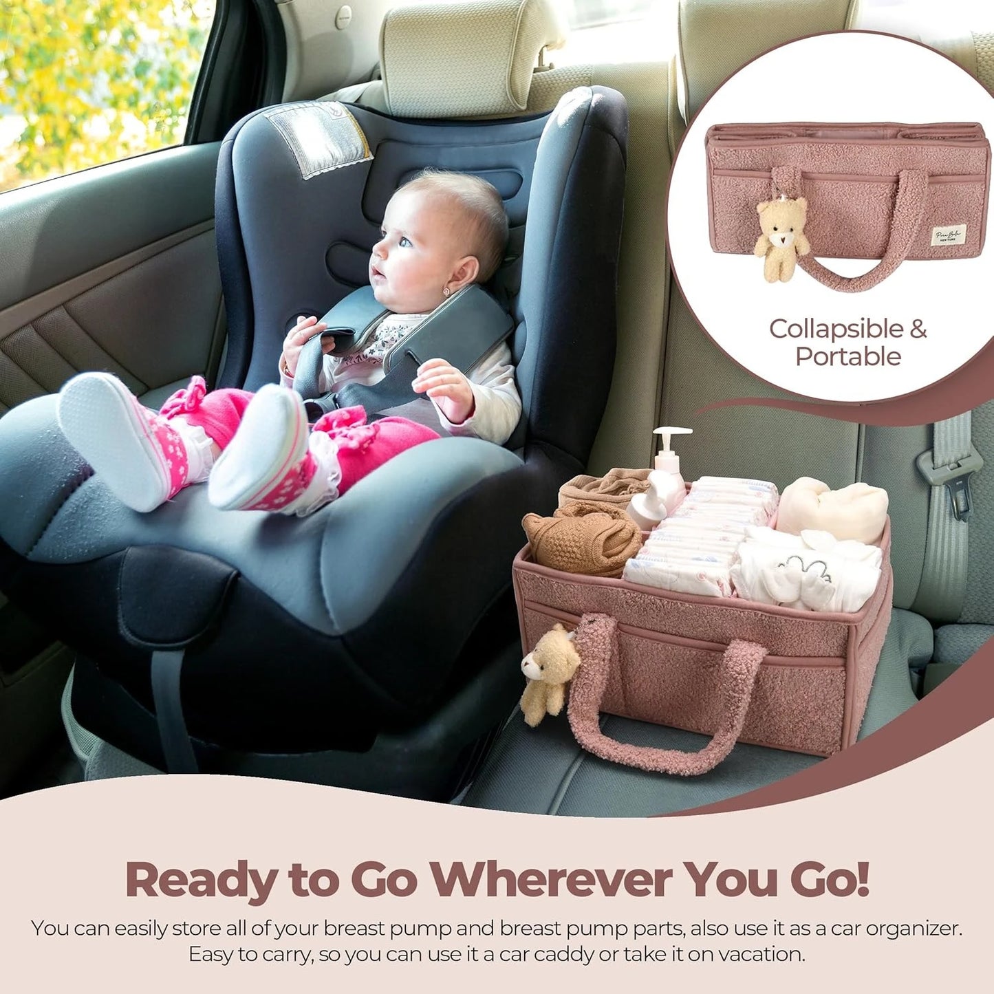 Baby in car seat with a portable organizer and breast pump parts.