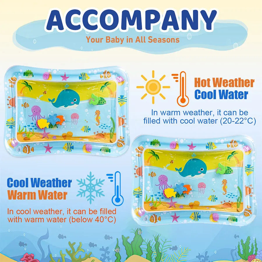 Inflatable water mat with ocean design and temperature instructions on a blue background