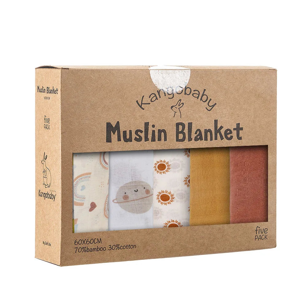 Kangobaby Muslin Blanket set in a cardboard box with four different patterns.