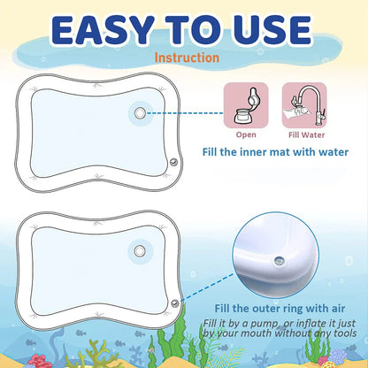 Instructions for using a swim ring with water and air inflation, set against an underwater scene.