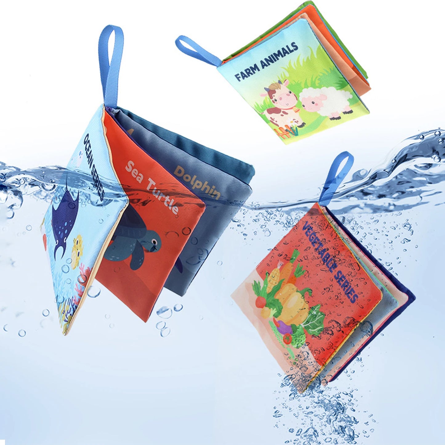 Children's educational books with animal illustrations on a water background