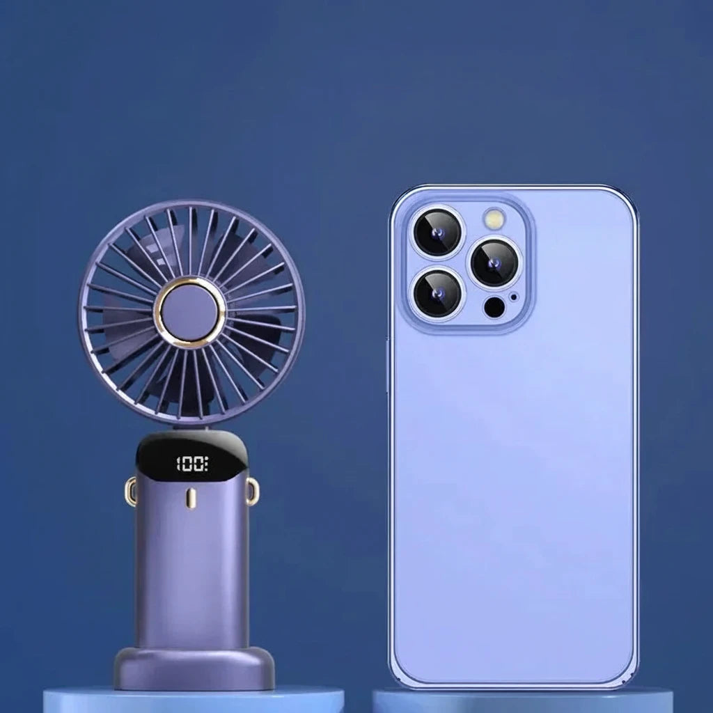 Portable fan next to an iPhone 13 Pro Max on a blue background