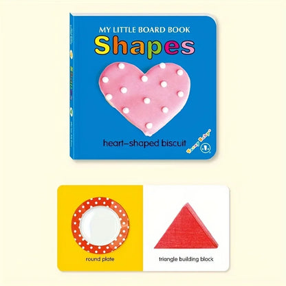 Children's book titled 'My Little Board Book Shapes' with a heart-shaped biscuit illustration, accompanied by two educational cards showing a round plate and triangle building block.