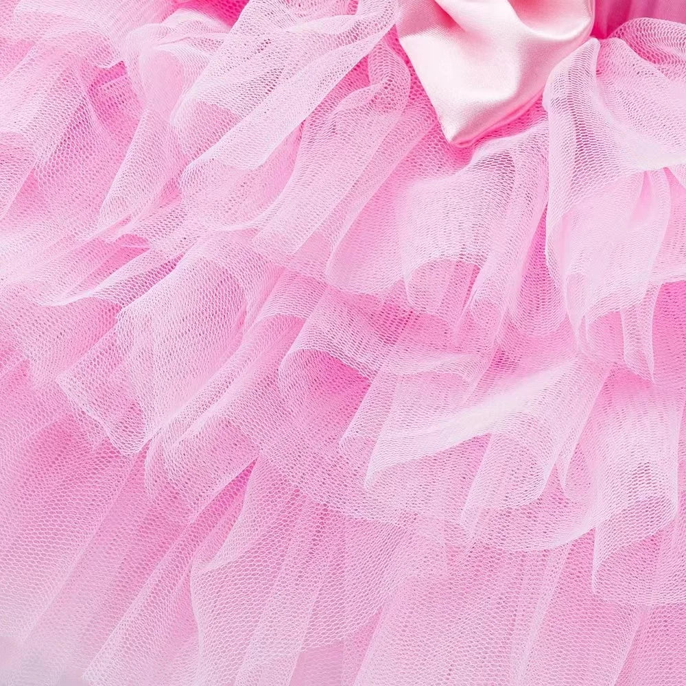 Close-up of pink tulle fabric with a soft focus