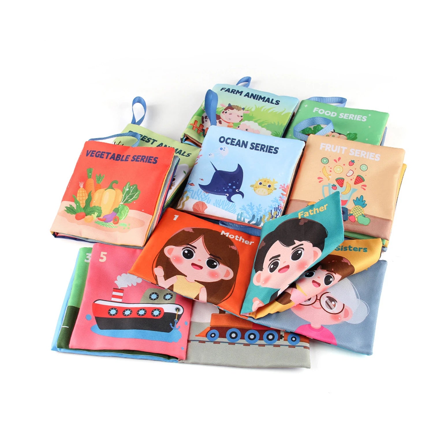 Collection of colorful children's books on a white background