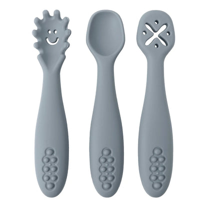 Three gray baby utensils with unique designs on a white background