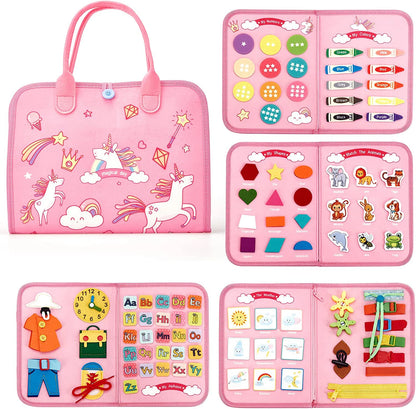 Pink educational toy set with various compartments and illustrations on a white background