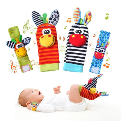 Colorful baby rattle toys with animal designs on a white background