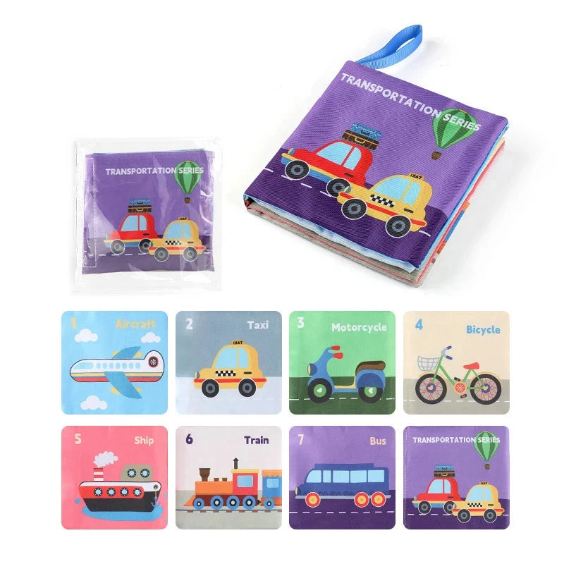 Children's book and flashcards with transportation theme on a white background