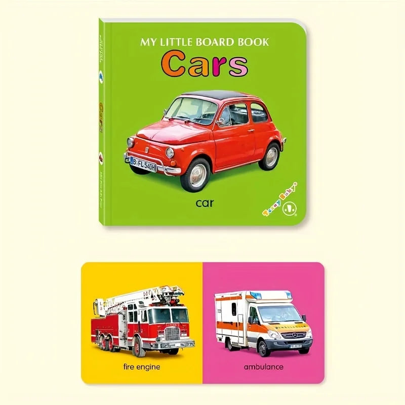 Children's board book titled 'My Little Board Book Cars' with images of a red car, fire engine, and ambulance on a yellow and pink background.