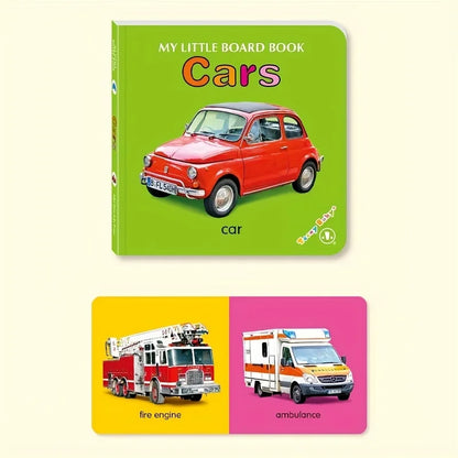 Children's board book titled 'My Little Board Book Cars' with images of a red car, fire engine, and ambulance on a yellow and pink background.