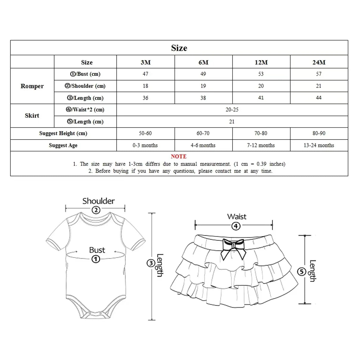 Size chart and clothing measurements for a baby romper and skirt with illustrations.
