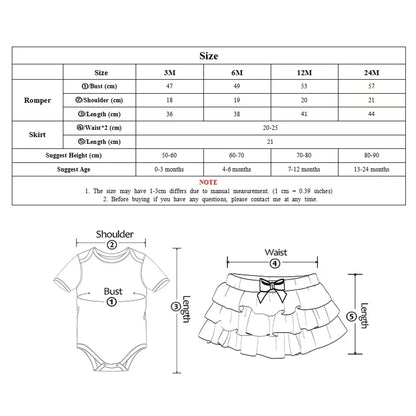 Size chart and clothing measurements for a baby romper and skirt with illustrations.