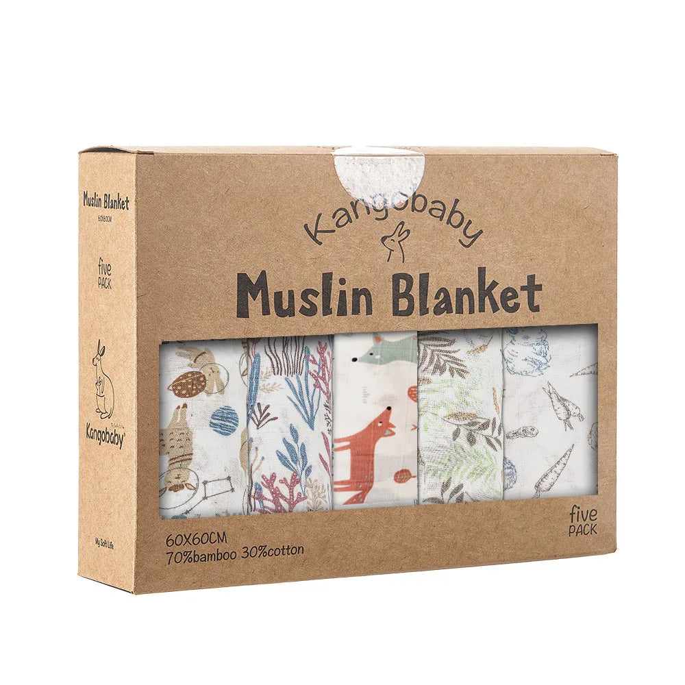 Kangobaby Muslin Blanket packaging with illustrations on a white background