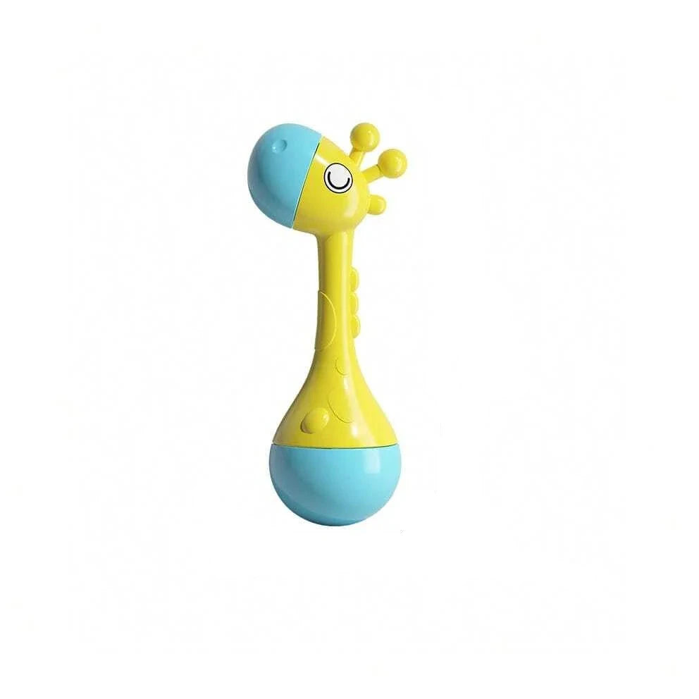 Yellow and blue bath toy with dimensions on a white background