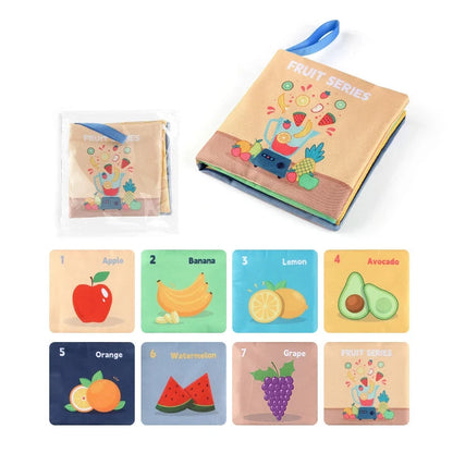 Children's educational book with fruit-themed pages on a white background
