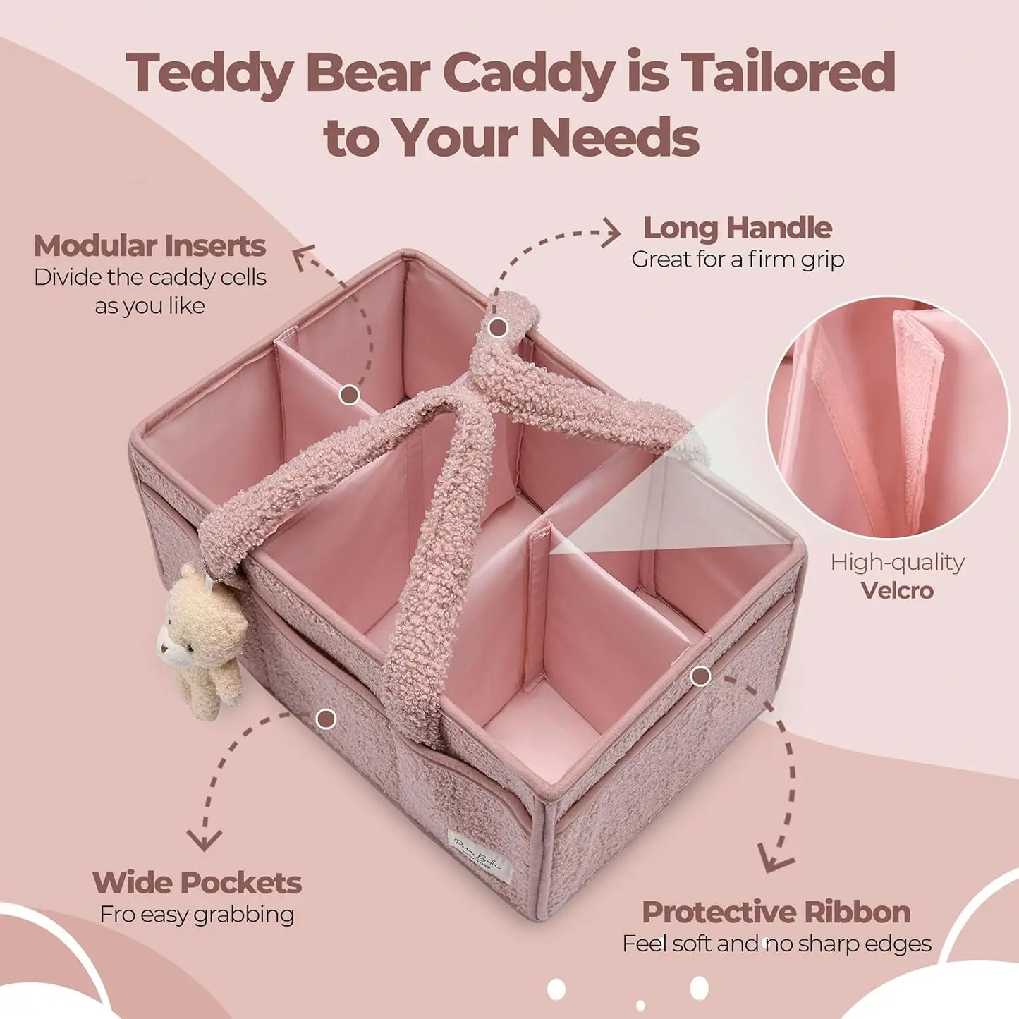 Pink teddy bear caddy with features highlighted on a pink background