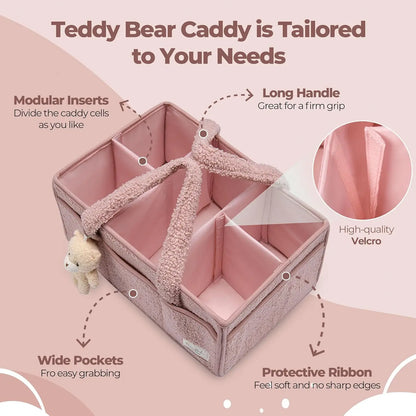 Pink teddy bear caddy with features highlighted on a pink background